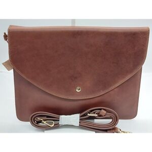 Genuine‎ Brown Leather Envelope Crossbody Clutch Gold Hardware Adjustable Strap